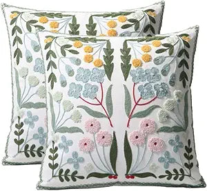 Pack of 2 Embroidered Decorative Throw Pillow Cover 18x18 Inch Farmhouse Floral Pillowcase for Living Room Sofa Bed (Blue Floral)