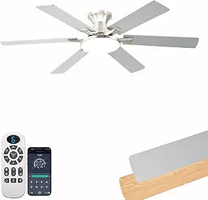 Ceiling Fans with Lights,54 Inch Low Profile Ceiling Fan with Light and Remote Control,6 Speeds/6 Blade,Flush Mount,LED Dimmable DC Reversible Modern, Nickel Ceiling Fan for Bedroom/Living Room