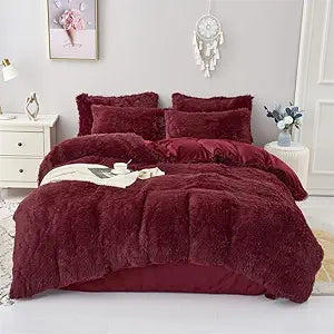chovy Faux Fur Plush Wine Red Comforter Sets Queen - Ultra Soft Shaggy Flannel Velvet Fluffy Fuzzy 3PC Bedding Set (Comforter x 1 Pillowcases x 2)