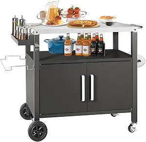 Kendane Grill Cart Table with Big Storage Cabinet, Movable Outdoor Dining Cart Pizza Oven Stand, Kitchen Cart Island Multifunction Food Prep Table Stainless Steel Surface
