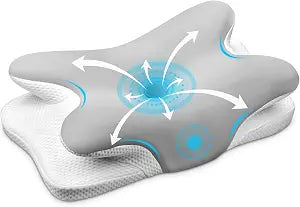 Cervical Neck Pillow, Adjustable Ergonomic Memory Foam Pillow, Cooling Removable Pillowcase, Odorless Support Pillow for Neck Pain Relief, Perfect for Side Back Stomach Sleepers, Silver