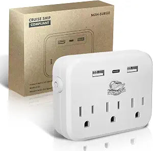 Cruise Ship Compliant Non-Surge Power Strip (6-in-1) Outlet Extender with 3 AC Outlets, 2 USB Ports & 1 USB-C, 2500W, Carnival, Norwegian, Princess & Disney Cruises Verify Policies Before Travel
