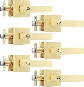 Leydebong 6 Pack Entry Door Levers with Keys, Heavy Duty Hardware for Exterior Front and Back Door, Gold Keyed Entrance Lock,Keyed Alike Door Knobs