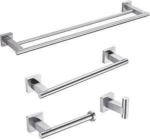 Miyili Bathroom Accessories Set 4-Piece Bath Hardware Kit Brushed Stainless Steel Wall Mount - Includes Double Towel Bar, Hand Towel Rack, Toilet Paper Holder, Robe Hook, BS02N4