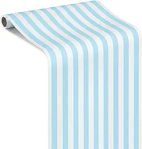 AmazingSpark Light Blue Striped Table Runner Roll - 50' Long X 16" Wide Disposable Paper Cabana Striped Table Runner for Birthday Wedding Carnival Christmas Party Kitchen Dining Tabletop Decor