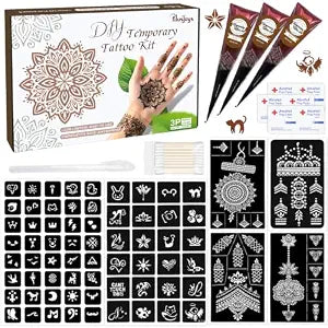 Temporary Tattoo Kit with 6 Sheets Reusable Stencils 3 Brown Tattoo Paste