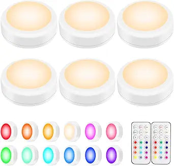 Alivation Led Under Cabinet Lighting Battery Operated Light, 6 Puck Lights with Remote Control, 13 Color Changing Stick on, Touch Push Tap Lights for Kitchen, Closet, Bookshelf, Stair, Display,6 Pack