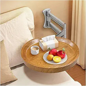 Wall Mounted Folding Table Bedside Collapsible Coffee Desk 720Adjustable Sofa Stand for Small Spaces Floating Round Tray for Bedroom Living Room Balcony Bay Window LogColor