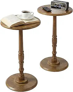Small Side Table Living Room, Brown Round Corner Table for Small Spaces Set of 2, Coffee Table with Solid Wood Pedestal Accent for Living Room, Corners, Bedroom, Bean Bag, Sofa Couch