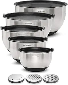 Belwares Mixing Bowls with Lids Set of 5 - Stainless Steel Mixing Bowl Set, Nesting Metal Bowls with Non Slip Bottoms + 3 Grater Attachments, Airtight Lids for Baking, Food Prep + Storage, Black