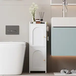 Arbuxzuy Small Bathroom Storage Cabinet,Corner Floor Cabinet with 2 Doors and Adjustable Shelf, Narrow Toilet Paper Cabinets with 2Hooks,Toilet Organizer for Small Spaces7.87"D*9.84"W*29.72"H(White)
