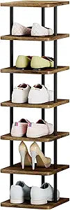 AZERPIAN Shoe Rack 7 Tier Vertical Storage Organizer Narrow Metal Slim Shelf Modern Free Standing Shoe Tower Saving Space for Closet Entryway Bedroom,Black+Rustic Brown