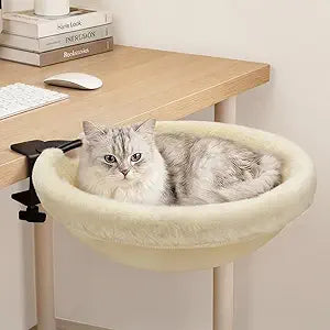 Petcozife Cat Desk Bed, 16"x16" Sturdy Rotating Cat Bed for Desk with Removable Washable Soft Fabric Hammock Cover, Stable Holds Up to 50 lbs, Space Saving Cat Perch for Home Office, Game Table