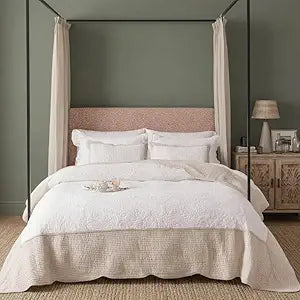 BOV King Size Quilt - Cotton Quilt King Size Bedding Set with 2 Pillow Shams, Pre-Washed Lightweight Cotton Bedspread Coverlet Bed Set for All Season, Floral Embroidery 106"X96" Light Beige Ivory