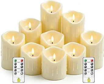9 Pcs Flickering Flameless LED Pillar Candles, (D 3" x H 3" 4" 5" 6" 7") Battery Operated with Remote Plastic Wax Drip Fake Candles for Home Wedding Holiday Decor,Ivory