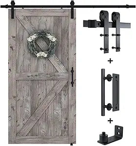 SMARTSTANDARD 6.8FT Sliding Barn Door Hardware Kit (Include 6.8ft Track Kit & Pull Handle Set & Floor Guide), Smoothly and Quietly, Easy to Install, Fit 36"-40" Wide Door Panel (J Shape)