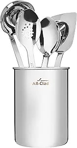 All-Clad 5-Piece Stainless Steel Kitchen Utensil Set Includes Ladle, Solid Spoon, Slotted Spoon, Turner & Storage Caddy Heavy-Gauge, Ergonomic, Dishwasher Safe, Silver