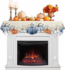 Fall Fireplace Scarf Blue Pumpkin Mantel Scarf Mantel Shelf Top Scarves Vintage Flower Eucalyptus Leaves Harvest Thanksgiving Mantel Cover Runner for Autumn Holiday Living Room 90x17 Inch