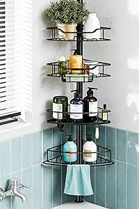 Corner Shower Caddy Tension Pole, 4 Tier Rustproof Shower Tension Rod Organizer, Adjustable 25-125 Inch Bathroom Shower Organizer Shelves for Bathtub Shampoo Storage, Black