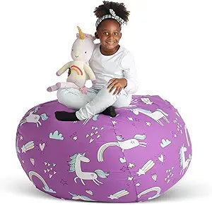 Creative QT Stuff n Sit Extra Large 38 Bean Bag Storage Cover for Stuffed Animals & Toys, Giant Beanbag Chair for Kids Ages 3-14, Bedroom Organizer, Purple Unicorn
