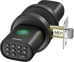 ThorBolt Fingerprint Door Knob, Keyless Door Knob with Keypad Biometric Electronic Thumbprint, Auto-Lock for Interior Doors for Bedroom, Home, Office, Garage, 4xAA Alkaline (NOT Included), MD1 Black