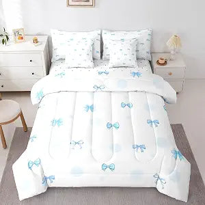Bowknot Kids Comforter Set Twin Size,Cute Little Bow Tie Dot Bedding,Dreamy Princess Fantasy Decor for Girls Boys,White Blue���Fitted+Sheet+2 Pillowcases+2 Throw Pillow Covers���