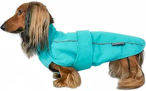DJANGO Dog Jacket & Raincoat Lightweight Water-Resistant Coat for Small, Medium & Long Dogs Like Dachshunds Reflective, Adjustable Fit, Harness-Compatible & Easy-Access Harness Hole - Blue, Small