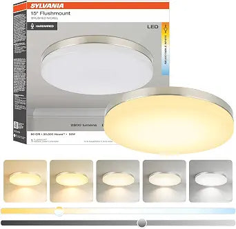 Sylvania 15" Flushmount LED Light Fixture, 35W, 5 Temperature Select, Dimmable, 2800 LMS, Brushed Nickel Finish for Family Rooms/Hallways/Kitchens/Bedrooms - 1 Pack (67236)
