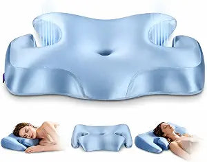 Cervical Neck Pillow for Sleeping, MediumFirm Memory Foam Contour Pillow with Arm Holes, 2 Heights for Side Back Stomach Sleepers, CoolTouch Satin Cover, OekoTEX Standard 100