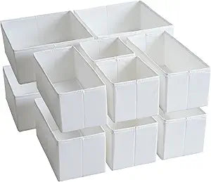 TYEERS Drawer Organizers, Durable Fabric, Washable, with Base Support Boards, Small Storage Boxes for Bathroom, Closet, Dresser, Set of 12, White