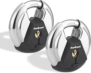 Kwikset Discus Padlock with Boron Carbide Shackle, High Security Outdoor Storage and Gate Lock, 2-3/4 in Body, 2 Pack Keyed Alike, Silver
