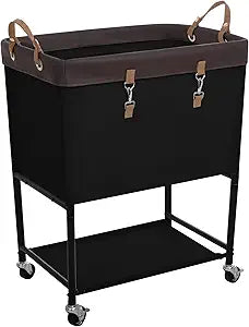 StorageWorks Laundry Cart, 2 Tier Rolling Laundry Basket, Heavy Duty Laundry Basket with Lockable Wheels, Laundry Room Organization and Storage, Clothes Hamper for Bedroom, Dorm, Closet, 29Gal, Black