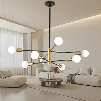 Modern Sputnik Chandelier, Black and Gold Pendant Light Fixture with 8 Globe Bulbs, Mid-Century Ceiling Lighting for Living Room, Dining Room, Bedroom