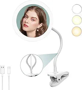 10X Magnifying Clip on Makeup Mirror Gooseneck, 6.5" Vanity Mirror with Light, 2000mAh USB Recharge 360 Rotating,Clip On Gooseneck Magnifying Vanity Mirror with Light,Travel Makeup Mirror (White 10X)