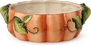 Harvest Fields 3D Pumpkin Shallow Serving Bowl 10 x 7 Ceramic Farmhouse Bowl for Fall Side Dishes, Salads & Holiday Feasts 32oz Capacity Perfect for Thanksgiving & Autumn Entertaining