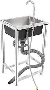 Stainless Steel Single Bowl Utility Sink, Commercial Restaurant Kitchen Sink with 360 Rotatable Faucet and Strainer Basket, Free Standing Utility Washing Hand Single Basin for Kitchen, Laundry Room