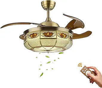 36'' Tiffany Ceiling Fans with Light Retractable Blades Remote Control 6 Speeds & 3 LED Lighting & 4 Hours Timer Function Stained Glass Shade Fandeliers Fixtures for Living/Bedroom