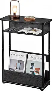 Narrow Side Table,3-Tier Slim End Table with Storage Shelf,Modern Sofa Table Thin Side Table for Narrow and Small Spaces, Skinny Bedside Table Small Nightstand with Magazine Rack Space Saving/Black