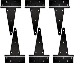 10 Inch T-Strap Heavy Duty Gate Hinges - 6 Pack Black Wrought Iron Tee Shed Door Hinges, Rustproof Hardware for Wooden Fence, Barn Door, Shed Gate, Yard Outdoor Use