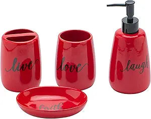 Bathroom accesory Set, Ceramic, 4pc,Toothbrush Holder soap Dispenser soap Dish Tumble Cup for Bathroom Decor and Gift (Navy) (RED)