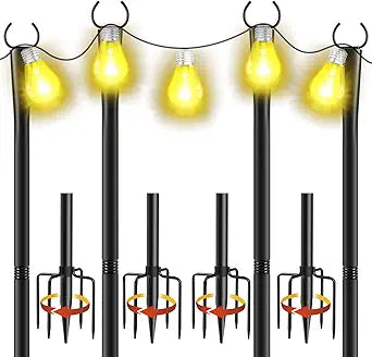 4 Pack 10Ft String Light Poles, Metal Poles with Fork for Outside Lights,Outdoor Metal Light Stand with Fence Brackets Hanging Lights for Garden Patio Wedding Backyard