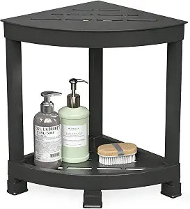 GallopFun Corner Shower Stool for Inside Shower, Waterproof Shower Bench for Shaving Legs, Plastic Anti-Fracture Shower Seat/Foot Rest with Baffle Storage Shelf, Rapid Assembly DIY Shelf (Black)