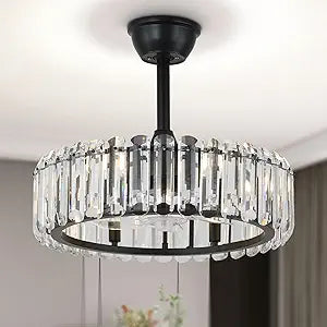 Finktonglan Crystal Ceiling Fans with Lights and Remote, 20 inch Modern Fandelier Ceiling Fan with Light Adjustable Height Chandelier Fan for Dining Room Living Room Kitchen, Black