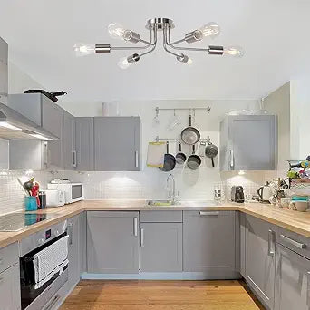 Modern Sputnik Chandelier 6 Light Semi Flush Mount Ceiling Lighting Fixture Brushed Nickel Industrial Ceiling Lamp for Bedroom Hallway Kitchen Dining Room Entrance