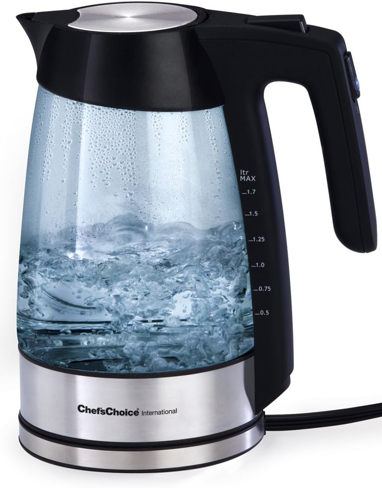 Chef's Choice 679 Cordless Electric Glass Kettle with Soft-Touch Handle Auto Shut-Off and Boil-Dry Protection, 1.7 Liter, Silver