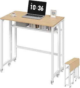 YATINEY Folding Computer Desk with Storage Shelf, 25.2" Rolling Folding Desk with Wheels, for Small Spaces, Living Room, Bedroom, Office, White and Natural DN08WN