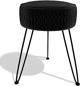 Velvet Vanity Stool Footrests, Round Ottoman Vanity Chairs with Anti-Slip Feet, Dressing Table Seat Foot Stool with Black Legs, Furry Padded Seat Side Table for Makeup Bedroom, Black