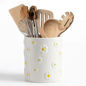 LemonRoad Daisy Utensil Holder for Kitchen Counter,Ceramic Cooking Utensil Crock Modern Farmhouse Countertop Organizer for Spatula Ladle Kitchen Counter Decor