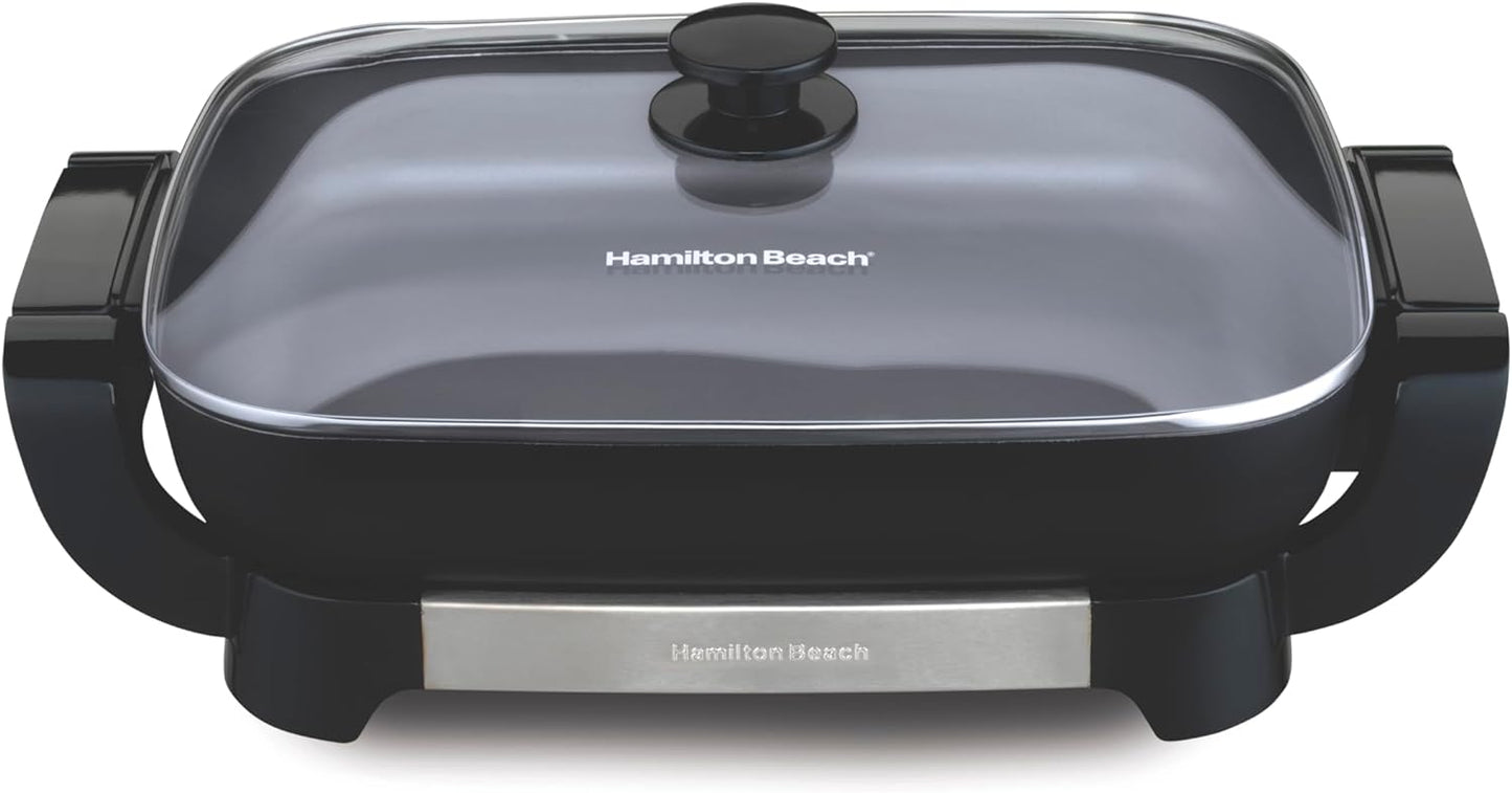 Hamilton Beach Electric Skillet with PFAS-Free Durathon Ceramic Coating, Removable 12x15\u201D Pan, Adjustable Temperature, Reversible Design, Tempered Glass Lid, Black Nonstick Surface (38531)