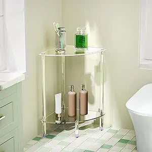 Clear Triangle Acrylic Side Table for Small Space, 11.81" L x 11.81" W x 19.82" H, 2-Tier Corner Shelf Stand End Table for Living Room Bedroom, Corner Display Rack Storage Shelf for Bathroom